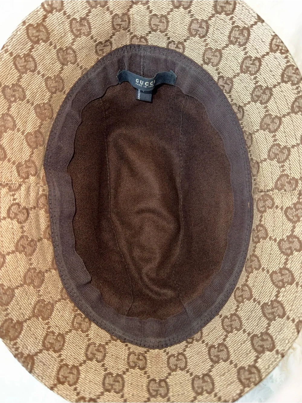 Gucci Tan GG Monogram Bucket Hat with Green and Cream Stripe - Picture 8 of 13
